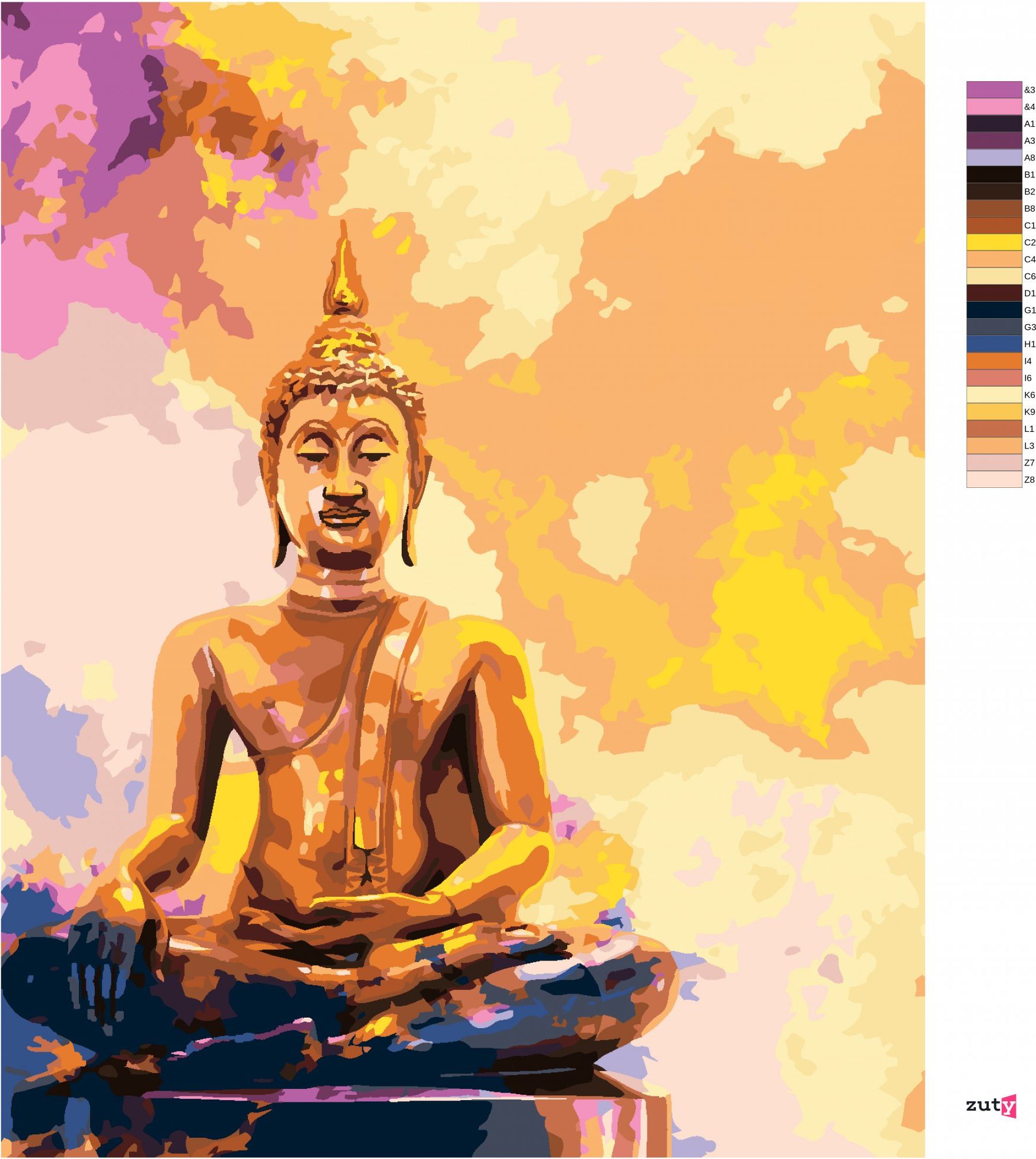 zuty Malování podle čísel - ZLATÝ BUDDHA NA BAREVNÉM POZADÍ - Rozměr: 40x50 cm, Rámování: Varianta: bez rámu a bez vypnutí plátna - obrázek 3