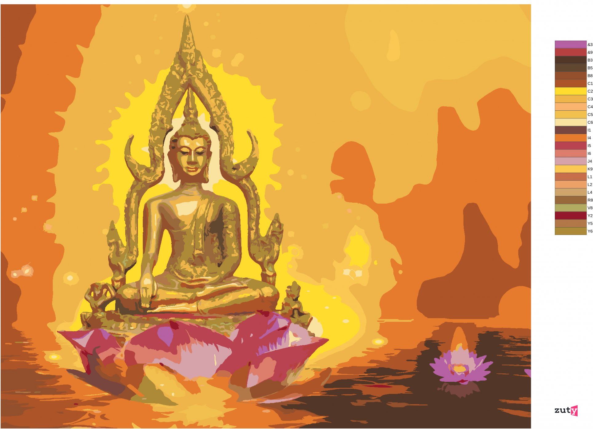 zuty Malování podle čísel - BUDDHA V LOTOSU A ORANŽOVÉ POZADÍ - Rozměr: 40x50 cm, Rámování: Varianta: vypnuté plátno na rám - obrázek 2