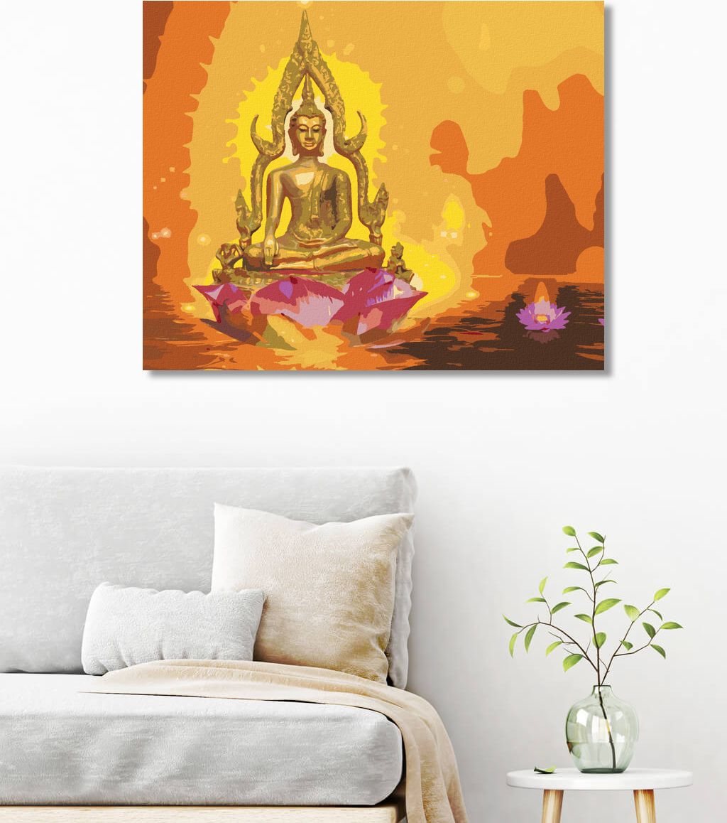 zuty Malování podle čísel - BUDDHA V LOTOSU A ORANŽOVÉ POZADÍ - Rozměr: 40x50 cm, Rámování: Varianta: vypnuté plátno na rám - obrázek 10