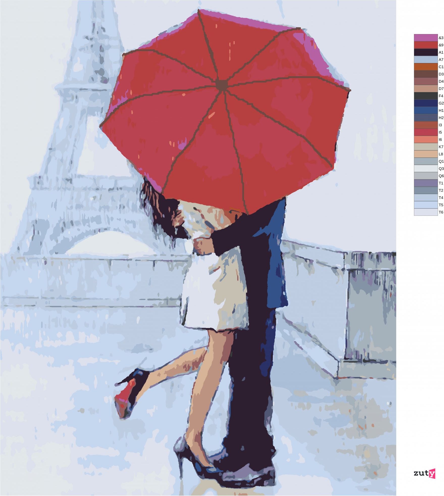 zuty Malování podle čísel - MILENCI V PAŘÍŽI S DEŠTNÍKEM III - Rozměr: 40x50 cm, Rámování: Varianta: vypnuté plátno na rám - obrázek 2
