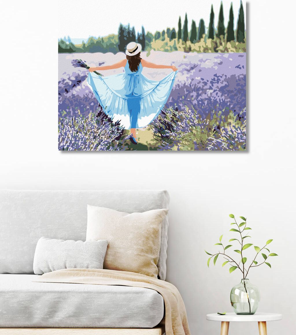 zuty Malování podle čísel - LEVANDULOVÉ POLE A ŽENA V MODRÝCH ŠATECH - Rozměr: 40x50 cm, Rámování: Varianta: vypnuté plátno na rám - obrázek 6