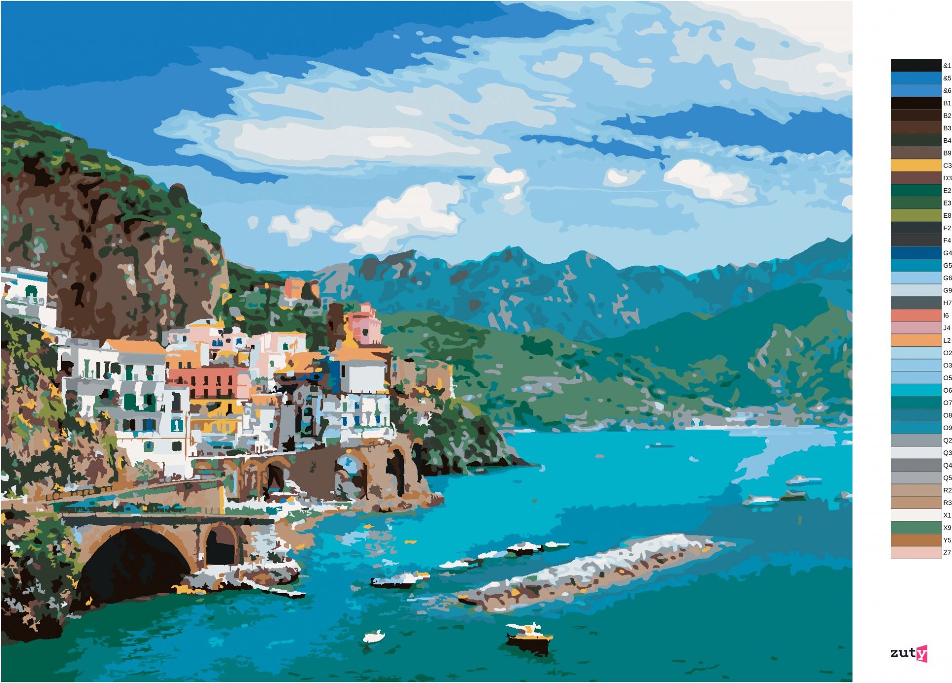 zuty Malování podle čísel - KRAJINA NA POBŘEŽÍ AMALFI V ITÁLII - Rozměr: 40x50 cm, Rámování: Varianta: bez rámu a bez vypnutí plátna - obrázek 6