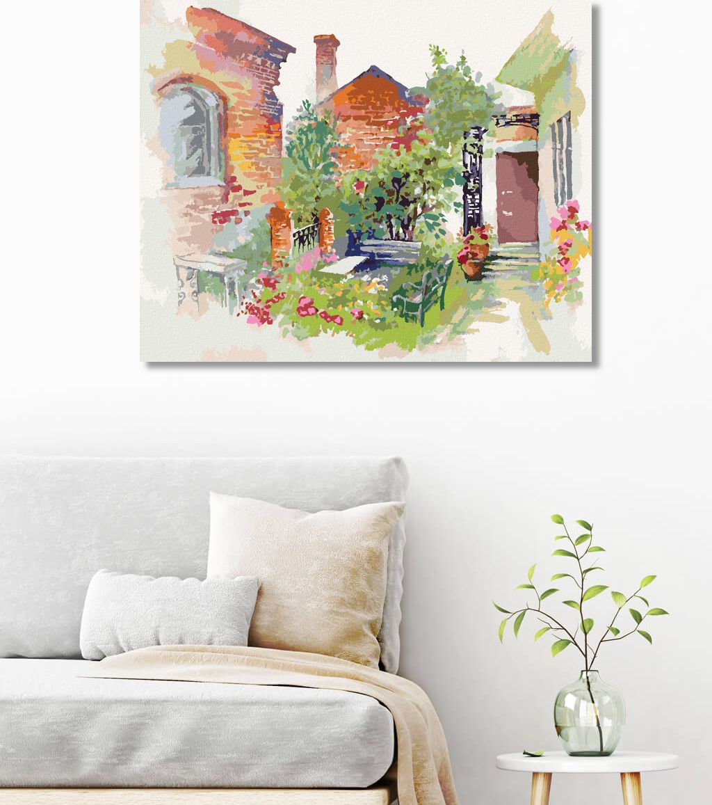 zuty Malování podle čísel - EVROPSKÁ KRAJINA S DOMY A KVĚTINAMI - Rozměr: 40x50 cm, Rámování: Varianta: vypnuté plátno na rám - obrázek 9