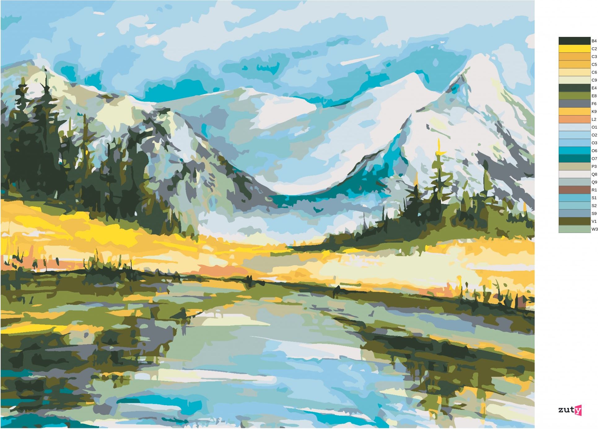 zuty Malování podle čísel - ZASNĚŽENÉ HORY S JEZEREM - Rozměr: 40x50 cm, Rámování: Varianta: vypnuté plátno na rám - obrázek 6