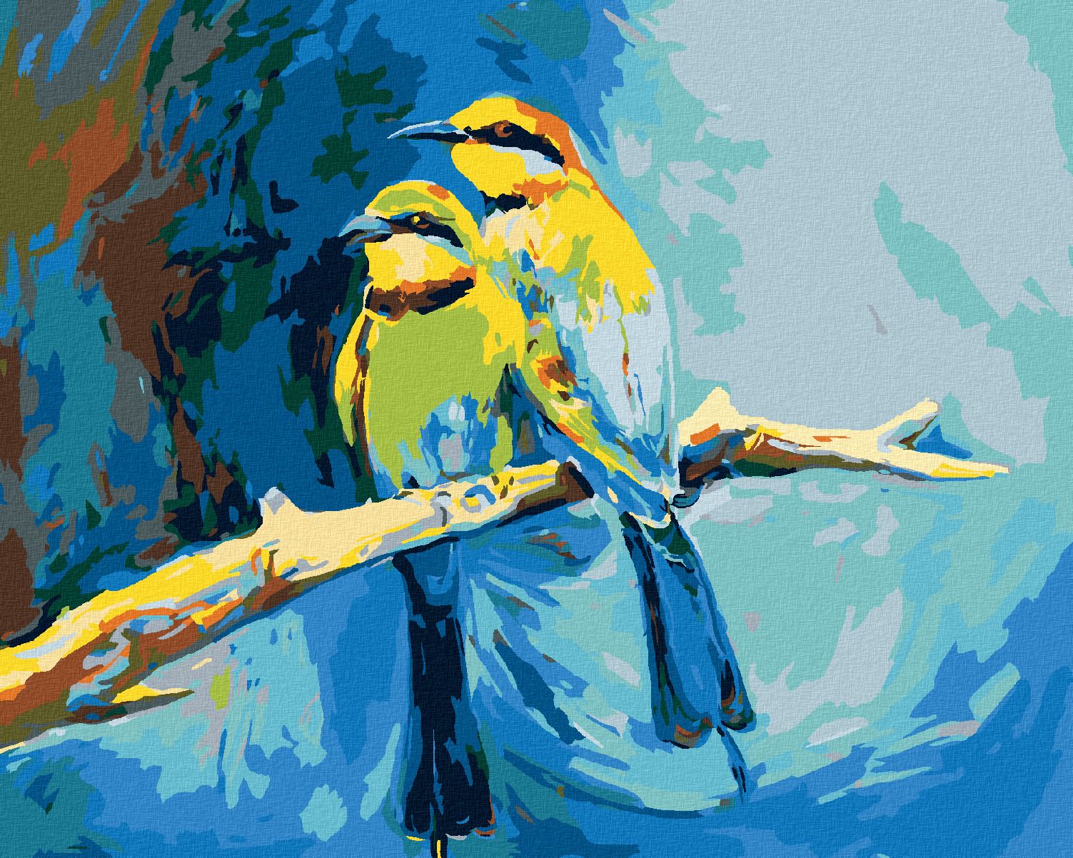 zuty Malování podle čísel - BAREVNÍ PTÁČCI NA MODRÉM POZADÍ - Rozměr: 40x50 cm, Rámování: Varianta: vypnuté plátno na rám - obrázek 1