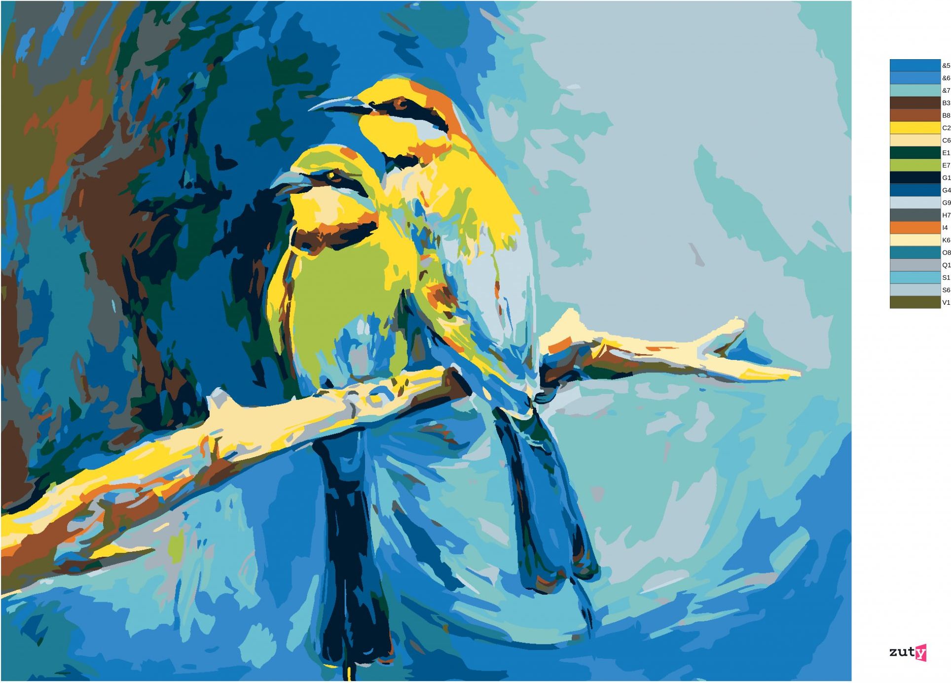 zuty Malování podle čísel - BAREVNÍ PTÁČCI NA MODRÉM POZADÍ - Rozměr: 40x50 cm, Rámování: Varianta: vypnuté plátno na rám - obrázek 7