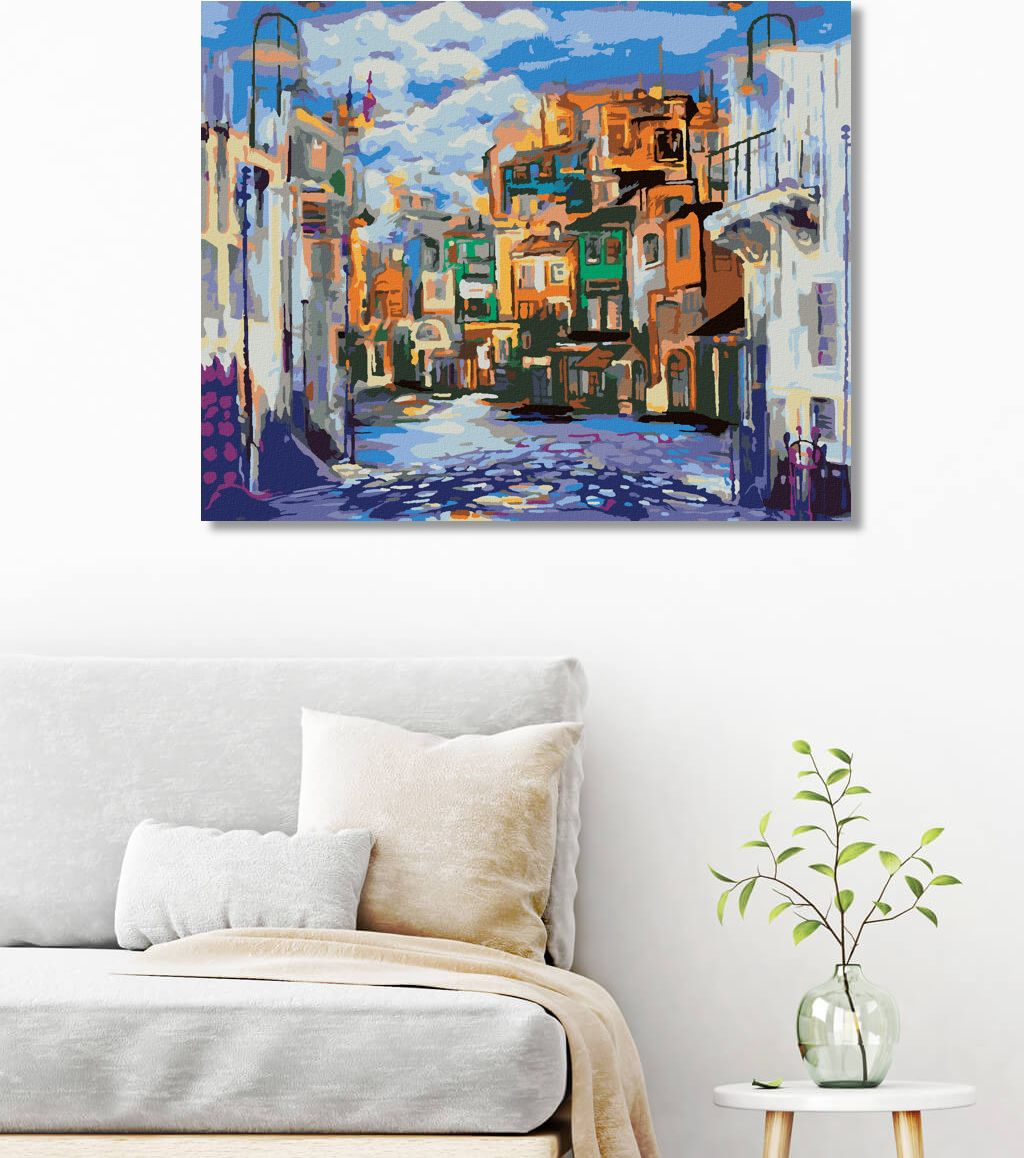 zuty Malování podle čísel - NEPŘÍZNIVÉ POČASÍ V MALÉM MĚSTEČKU - Rozměr: 40x50 cm, Rámování: Varianta: bez rámu a bez vypnutí plátna - obrázek 2