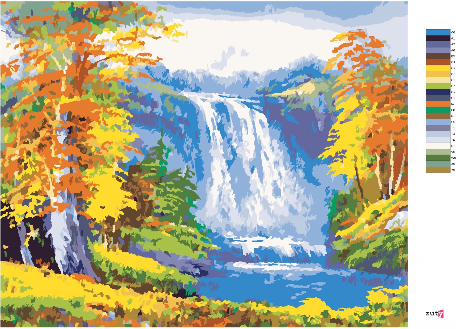 zuty Malování podle čísel - VODOPÁD V PODZIMNÍM LESE - Rozměr: 40x50 cm, Rámování: Varianta: bez rámu a bez vypnutí plátna - obrázek 8