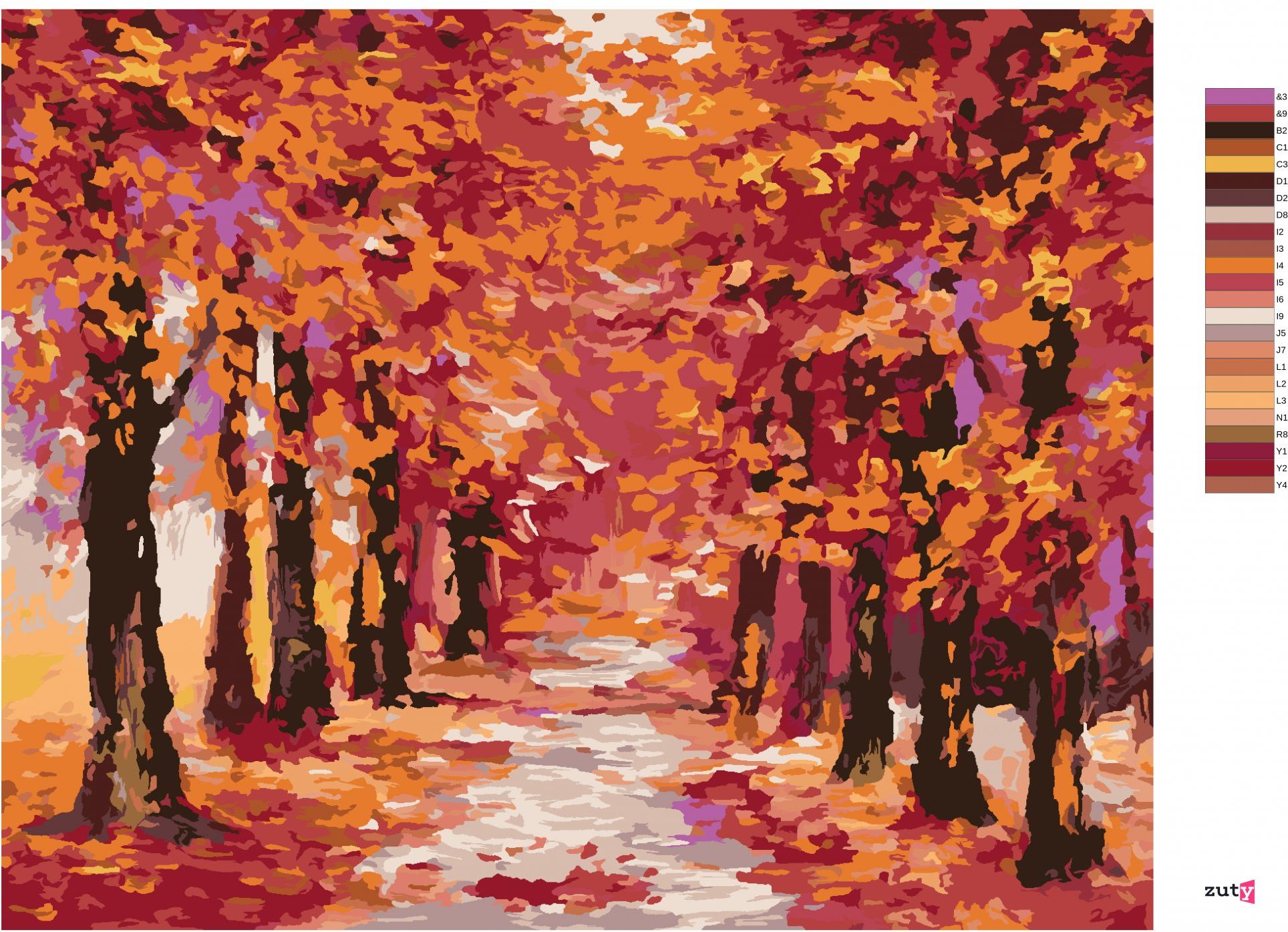 zuty Malování podle čísel - PODZIMNÍ LES ZBAREVNÝ DO ČERVENA - Rozměr: 40x50 cm, Rámování: Varianta: vypnuté plátno na rám - obrázek 9