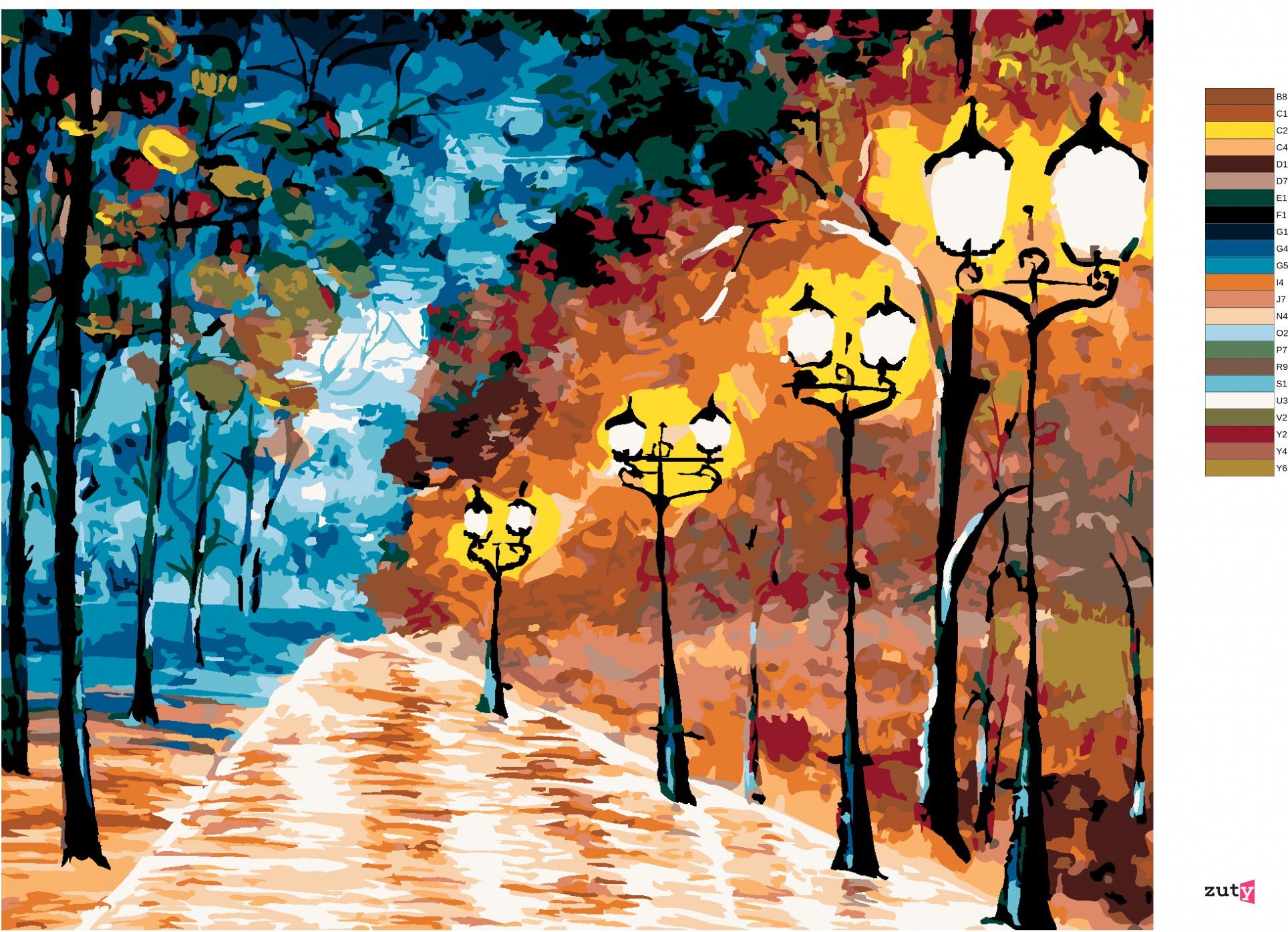 zuty Malování podle čísel - OSAMĚLÝ OSVĚTLENÝ PARK - Rozměr: 40x50 cm, Rámování: Varianta: bez rámu a bez vypnutí plátna - obrázek 3