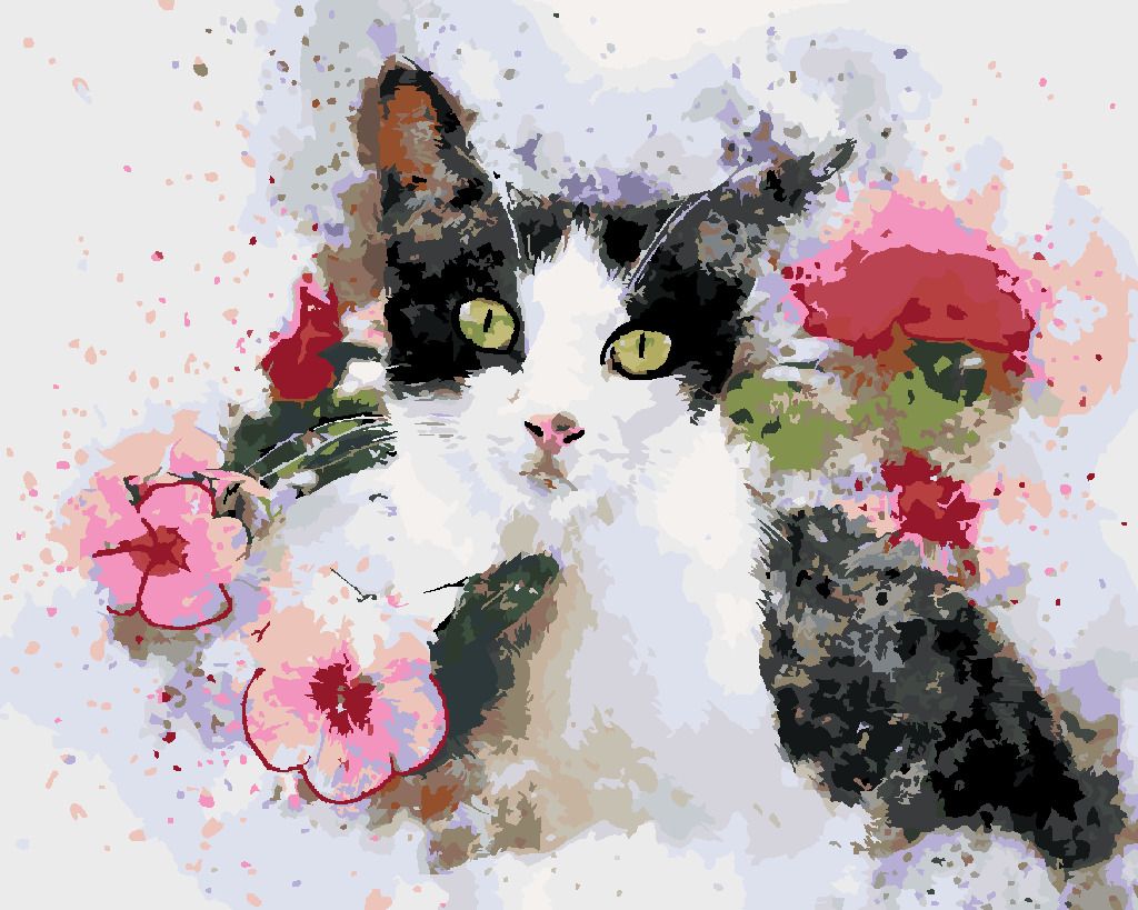 zuty Malování podle čísel - ČERNOBÍLÁ KOČKA A RŮŽOVÉ KVĚTINY - Rozměr: 40x50 cm, Rámování: Varianta: vypnuté plátno na rám - obrázek 5