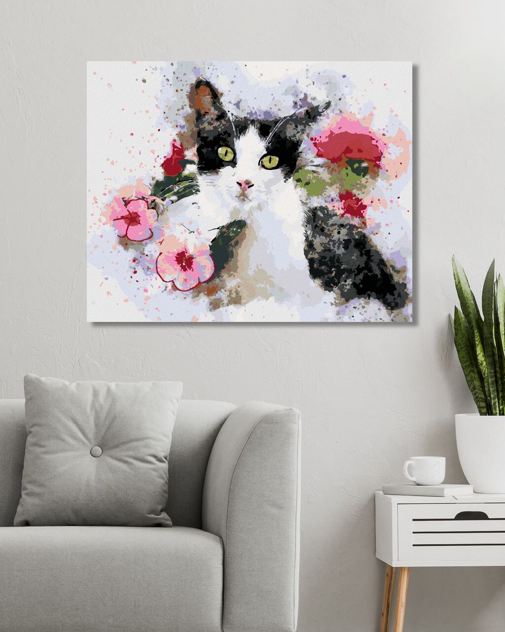 zuty Malování podle čísel - ČERNOBÍLÁ KOČKA A RŮŽOVÉ KVĚTINY - Rozměr: 40x50 cm, Rámování: Varianta: vypnuté plátno na rám - obrázek 7