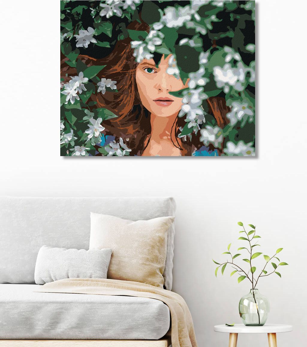 zuty Malování podle čísel - ZRZAVÁ ŽENA A BÍLÉ KVĚTINY - Rozměr: 40x50 cm, Rámování: Varianta: vypnuté plátno na rám - obrázek 3