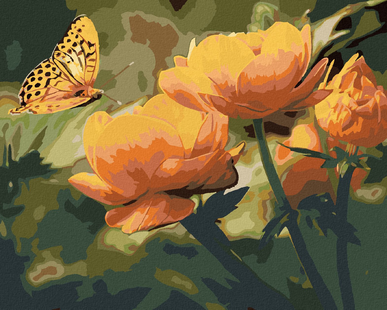 zuty Malování podle čísel - MOTÝL A ORANŽOVĚ KVĚTINY - Rozměr: 40x50 cm, Rámování: Varianta: vypnuté plátno na rám - obrázek 1