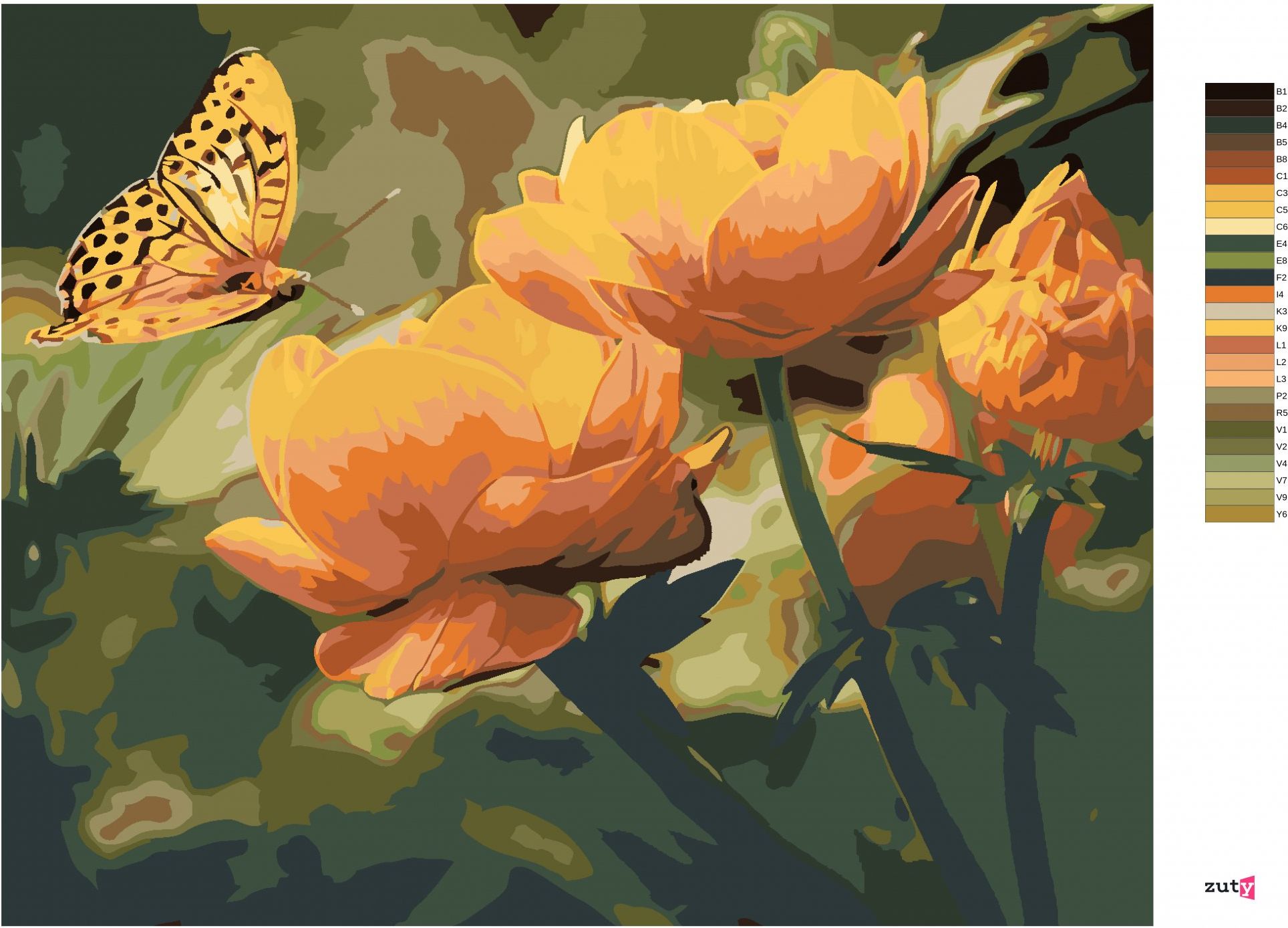 zuty Malování podle čísel - MOTÝL A ORANŽOVĚ KVĚTINY - Rozměr: 40x50 cm, Rámování: Varianta: vypnuté plátno na rám - obrázek 5