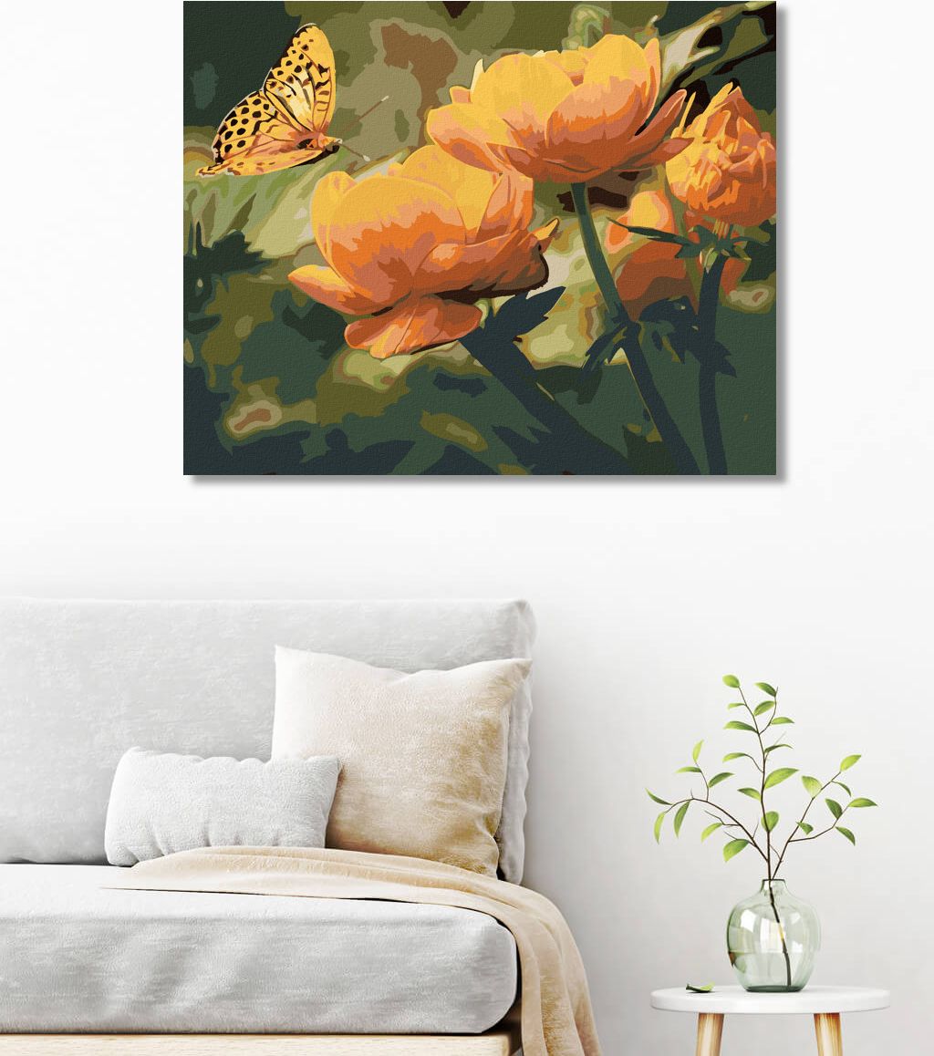 zuty Malování podle čísel - MOTÝL A ORANŽOVĚ KVĚTINY - Rozměr: 40x50 cm, Rámování: Varianta: vypnuté plátno na rám - obrázek 9