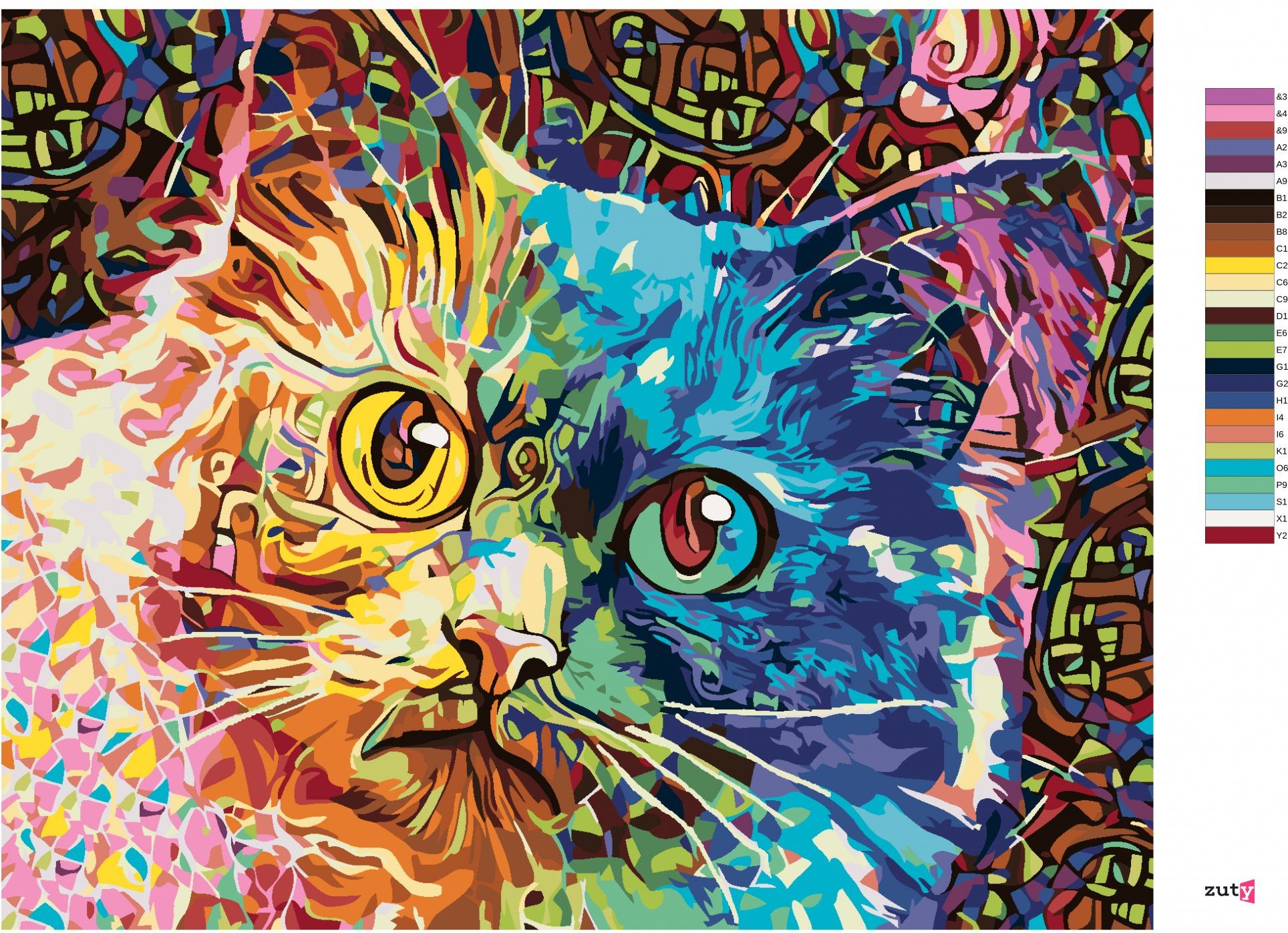 zuty Malování podle čísel - BAREVNÁ MALOVANÁ KOČKA - Rozměr: 40x50 cm, Rámování: Varianta: bez rámu a bez vypnutí plátna - obrázek 2