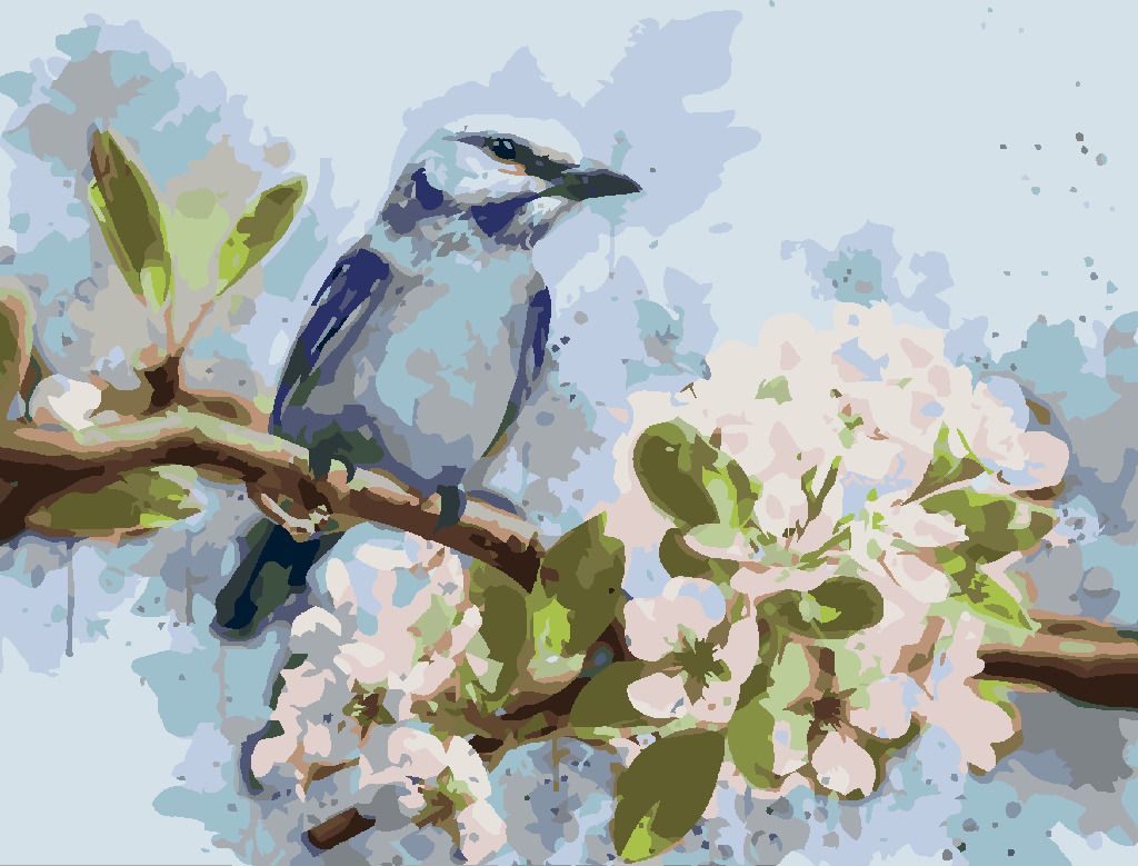 zuty Malování podle čísel - MODRÝ PTÁK NA ROZKVETLÉ TŘEŠNI - Rozměr: 40x50 cm, Rámování: Varianta: vypnuté plátno na rám - obrázek 5