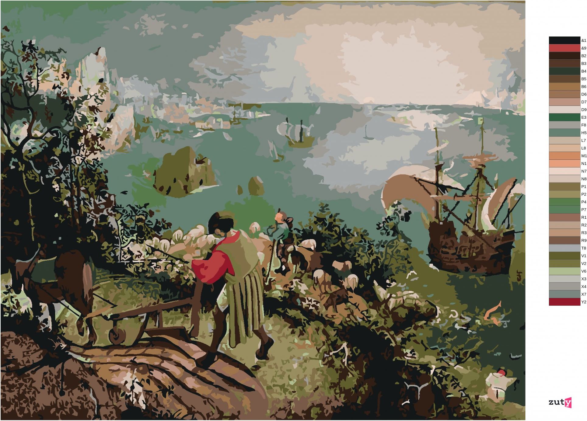 zuty Malování podle čísel - PÁD IKARŮV (PIETER BRUEGEL) - Rozměr: 40x50 cm, Rámování: Varianta: bez rámu a bez vypnutí plátna - obrázek 3