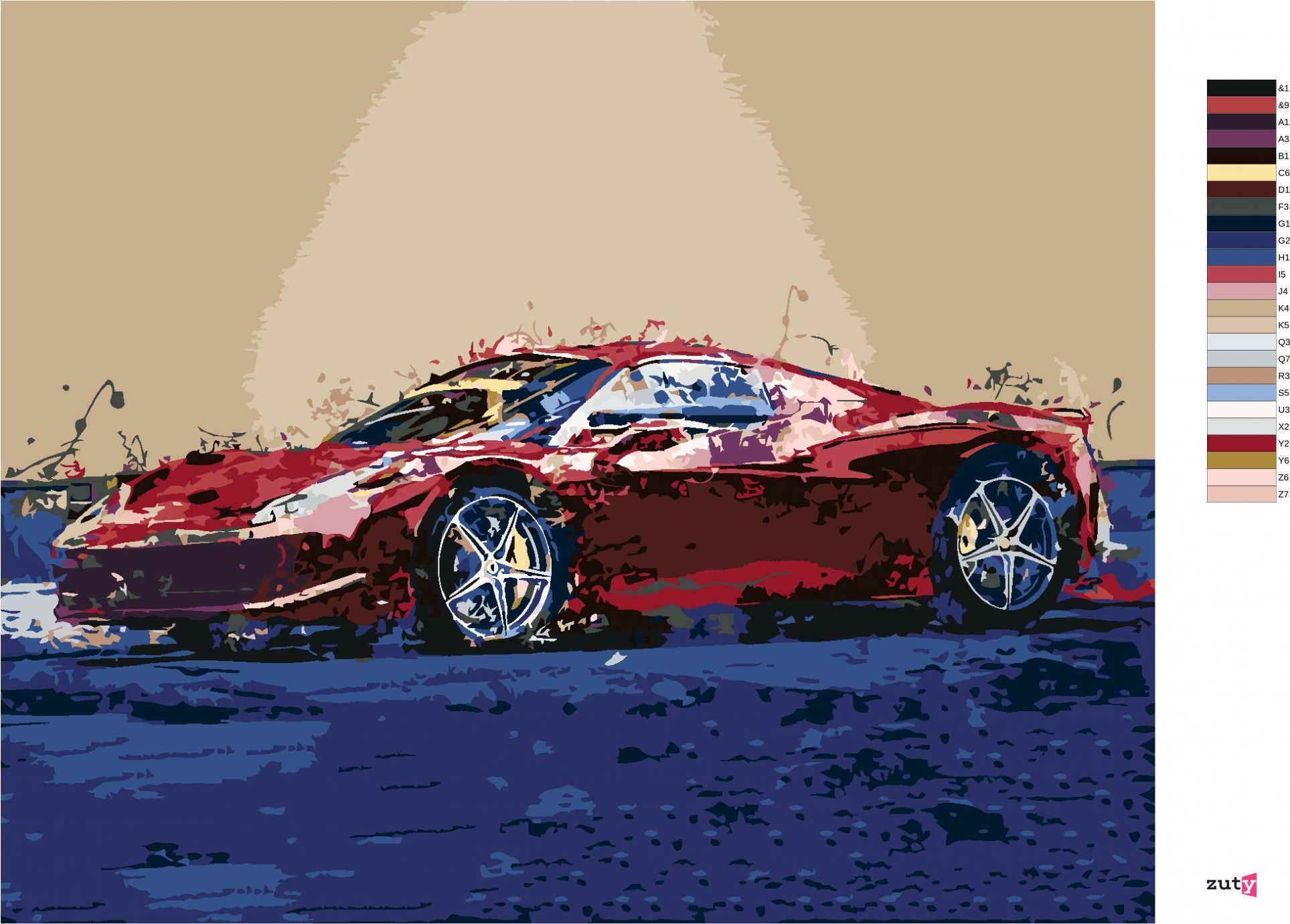 zuty Malování podle čísel - ČERVENÉ ABSTRAKTNÍ AUTO FERRARI - Rozměr: 40x50 cm, Rámování: Varianta: vypnuté plátno na rám - obrázek 4
