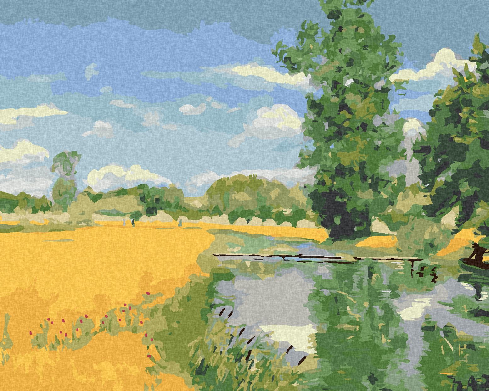zuty Malování podle čísel - ŘEKA PROTÉKAJÍCÍ KRAJINOU V DOBĚ SKLIZNĚ (H. A. BRENDEKILDE) - Rozměr: 40x50 cm, Rámování: Varianta: bez rámu a bez vypnutí plátna - obrázek 1