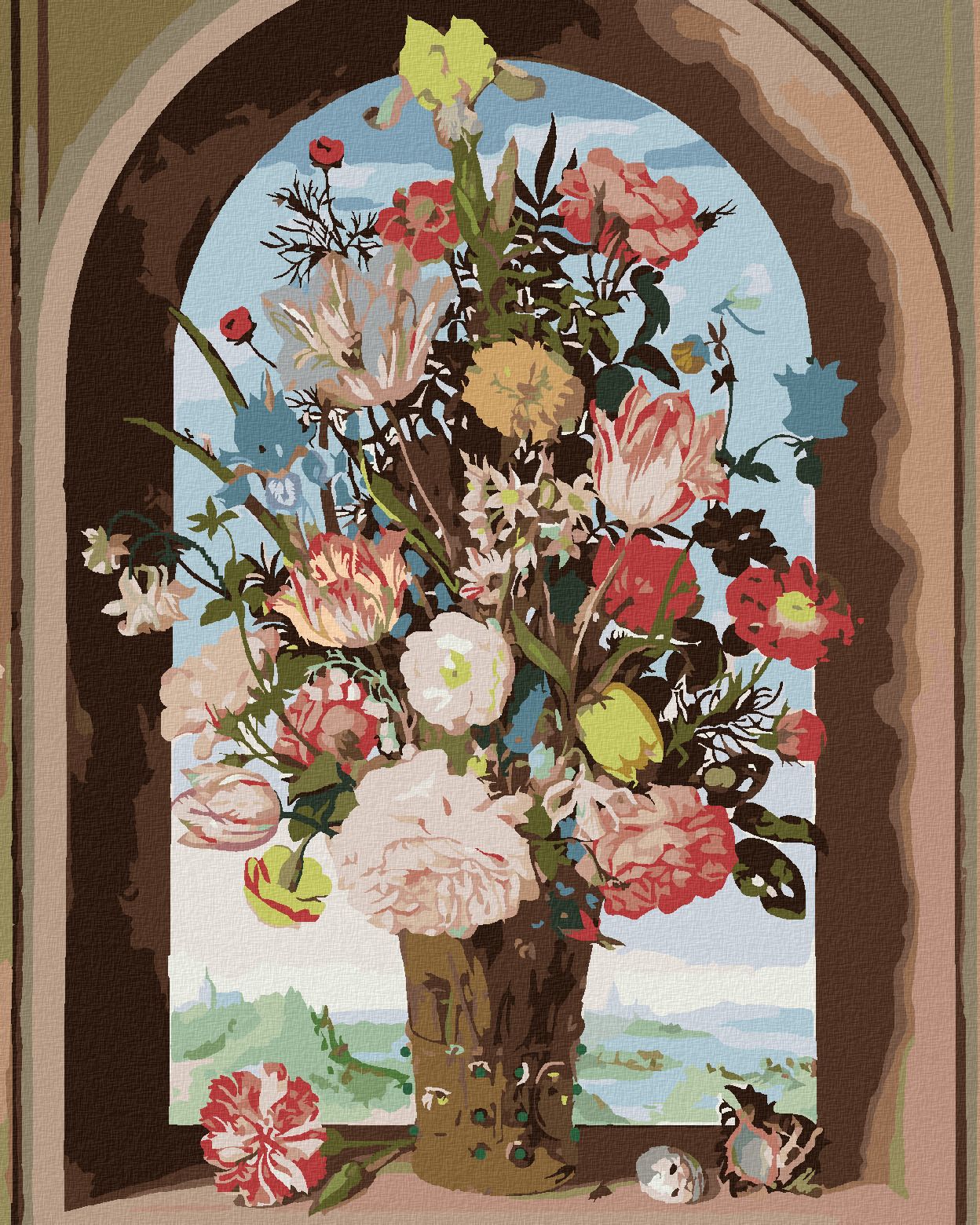 zuty Malování podle čísel - VÁZA S KVĚTINAMI V OKENNÍM VÝKLENKU (AMBROSIUS BOSSCHAERT) - Rozměr: 40x50 cm, Rámování: Varianta: vypnuté plátno na rám - obrázek 1