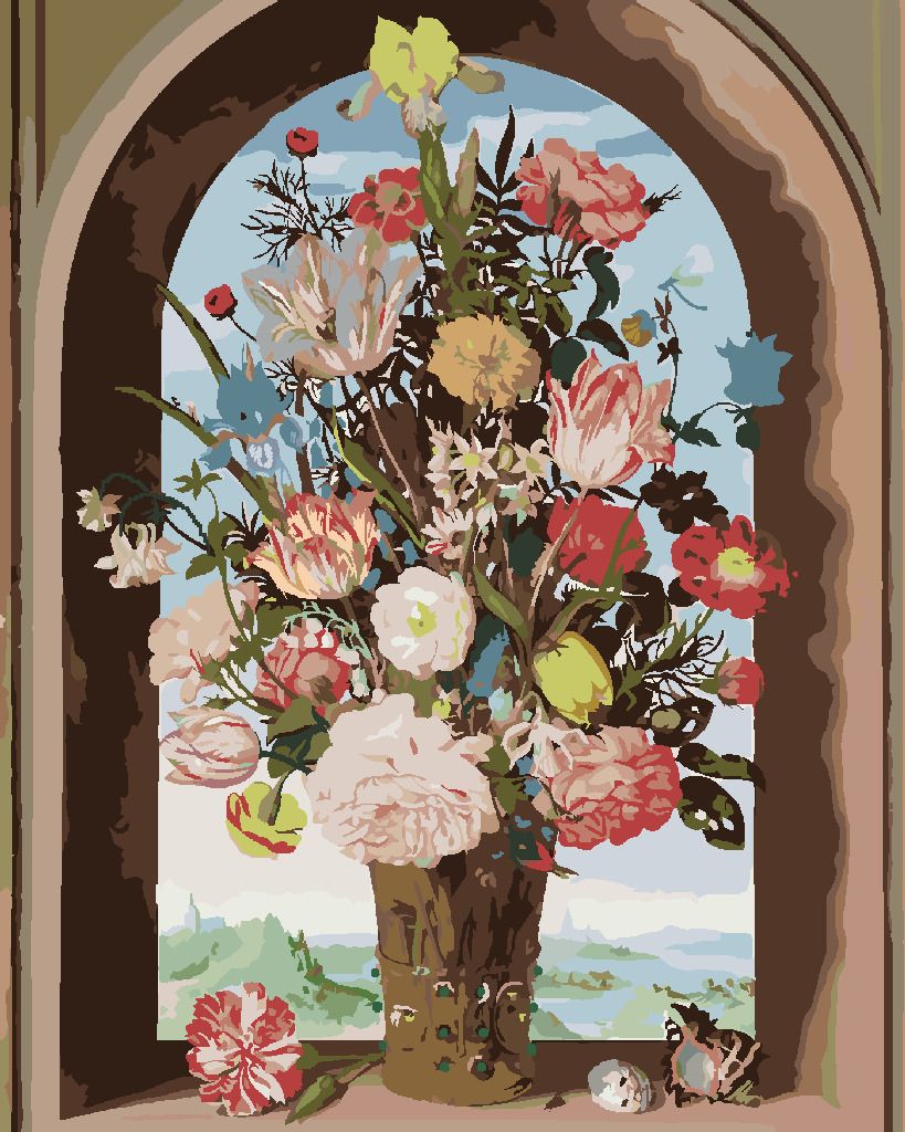 zuty Malování podle čísel - VÁZA S KVĚTINAMI V OKENNÍM VÝKLENKU (AMBROSIUS BOSSCHAERT) - Rozměr: 40x50 cm, Rámování: Varianta: vypnuté plátno na rám - obrázek 10