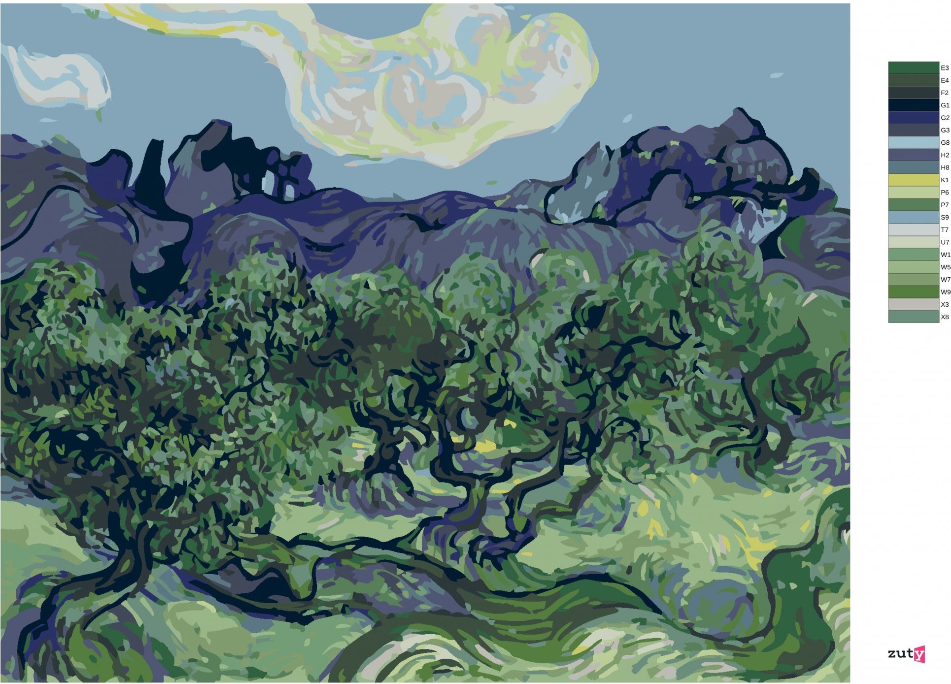 zuty Malování podle čísel - OLIVOVNÍKY S ALPILLES V POZADÍ (VINCENT VAN GOGH) - Rozměr: 40x50 cm, Rámování: Varianta: vypnuté plátno na rám - obrázek 6