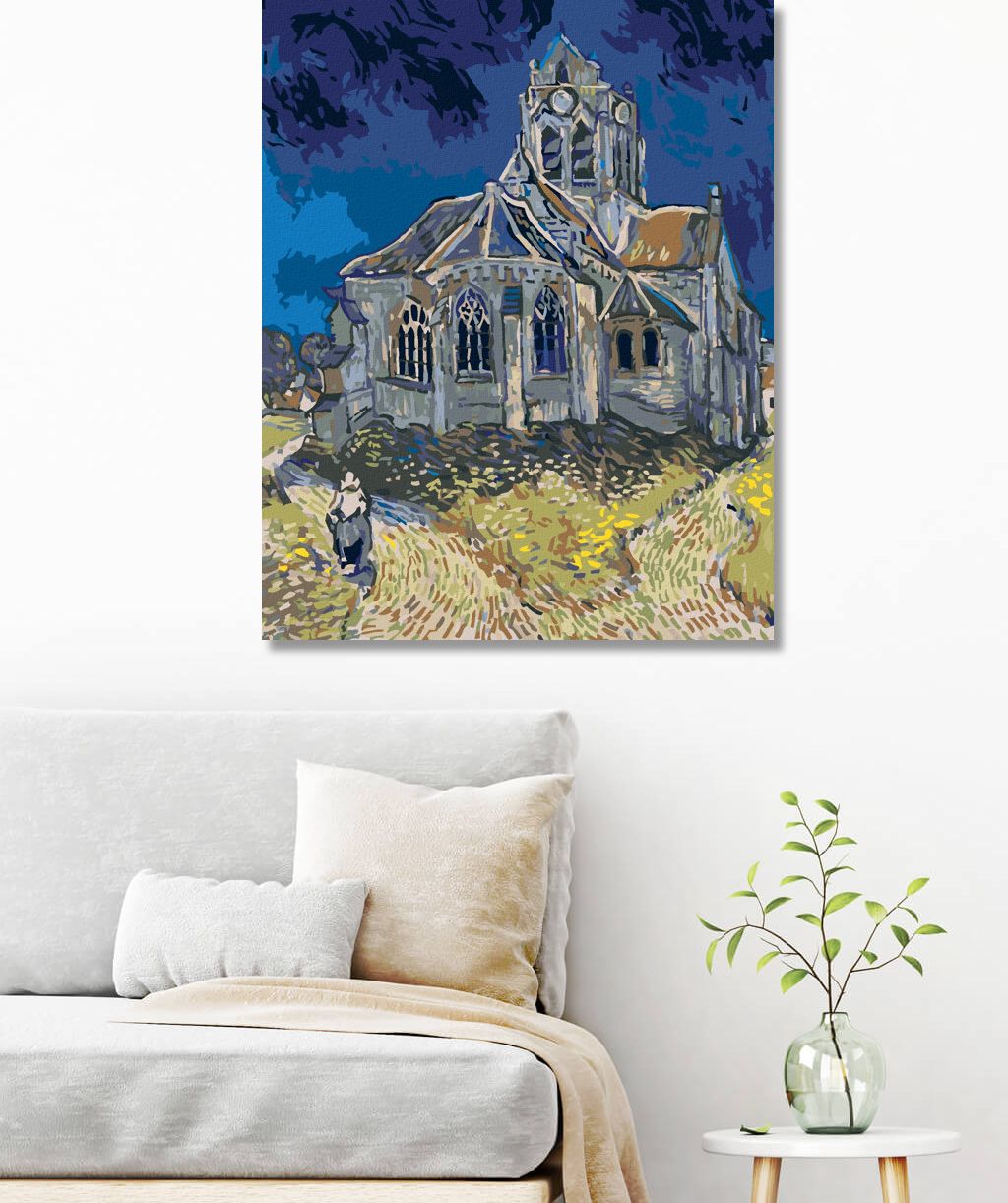 zuty Malování podle čísel - KOSTEL V AUVERS (VINCENT VAN GOGH) - Rozměr: 40x50 cm, Rámování: Varianta: bez rámu a bez vypnutí plátna - obrázek 3