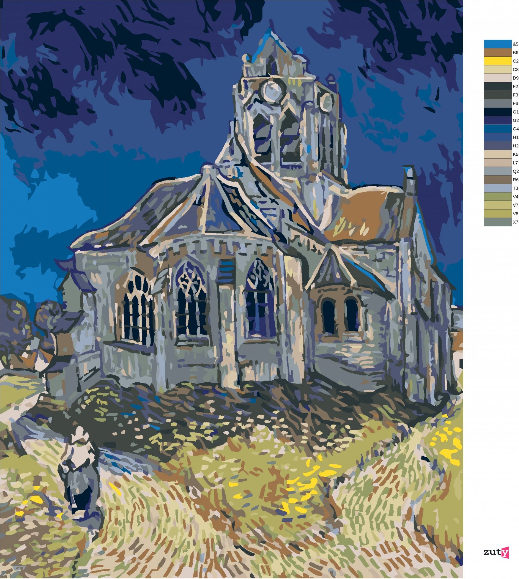 zuty Malování podle čísel - KOSTEL V AUVERS (VINCENT VAN GOGH) - Rozměr: 40x50 cm, Rámování: Varianta: vypnuté plátno na rám - obrázek 8