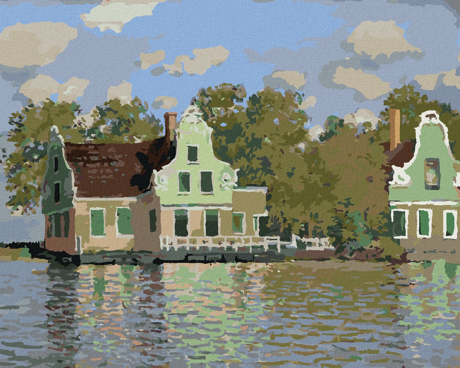 zuty Malování podle čísel - DŮM NA ŘECE ZAAN V ZAANDAMU (CLAUDE MONET) - Rozměr: 40x50 cm, Rámování: Varianta: bez rámu a bez vypnutí plátna - obrázek 1