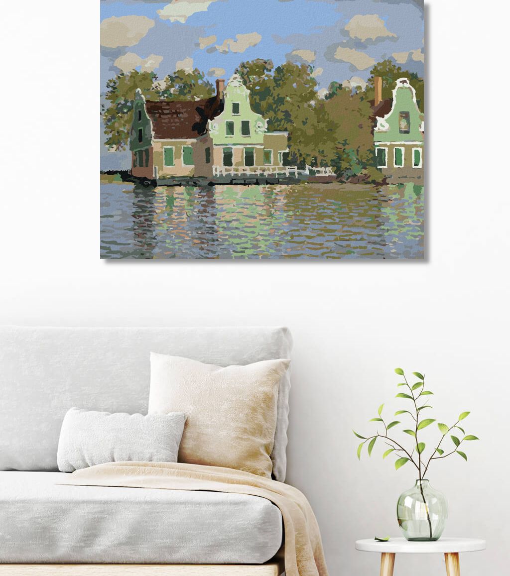 zuty Malování podle čísel - DŮM NA ŘECE ZAAN V ZAANDAMU (CLAUDE MONET) - Rozměr: 40x50 cm, Rámování: Varianta: bez rámu a bez vypnutí plátna - obrázek 2