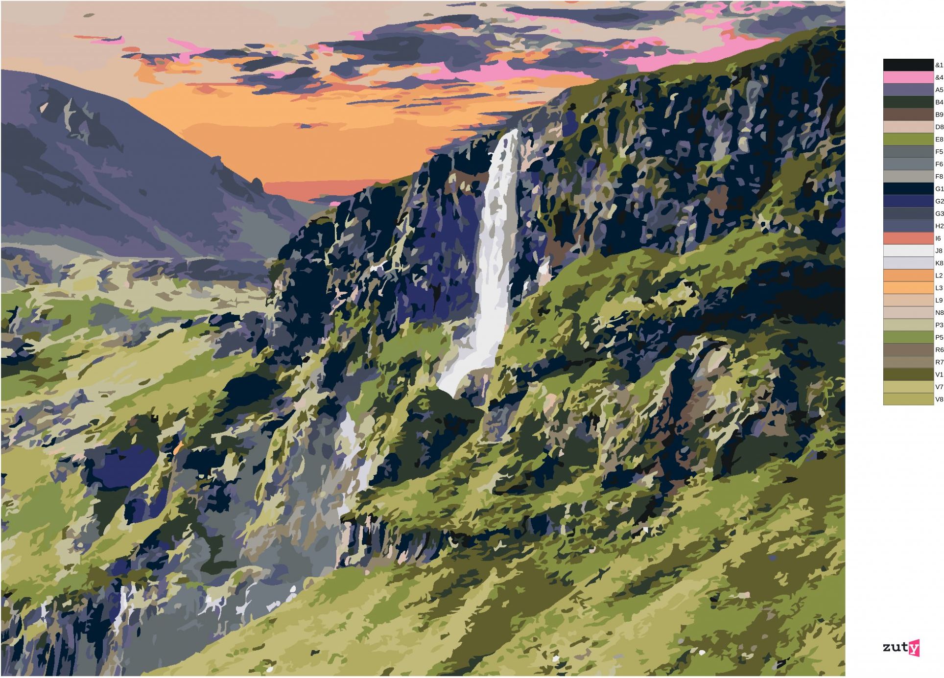 zuty Malování podle čísel - KRAJINA A VODOPÁD - Rozměr: 40x50 cm, Rámování: Varianta: bez rámu a bez vypnutí plátna - obrázek 6