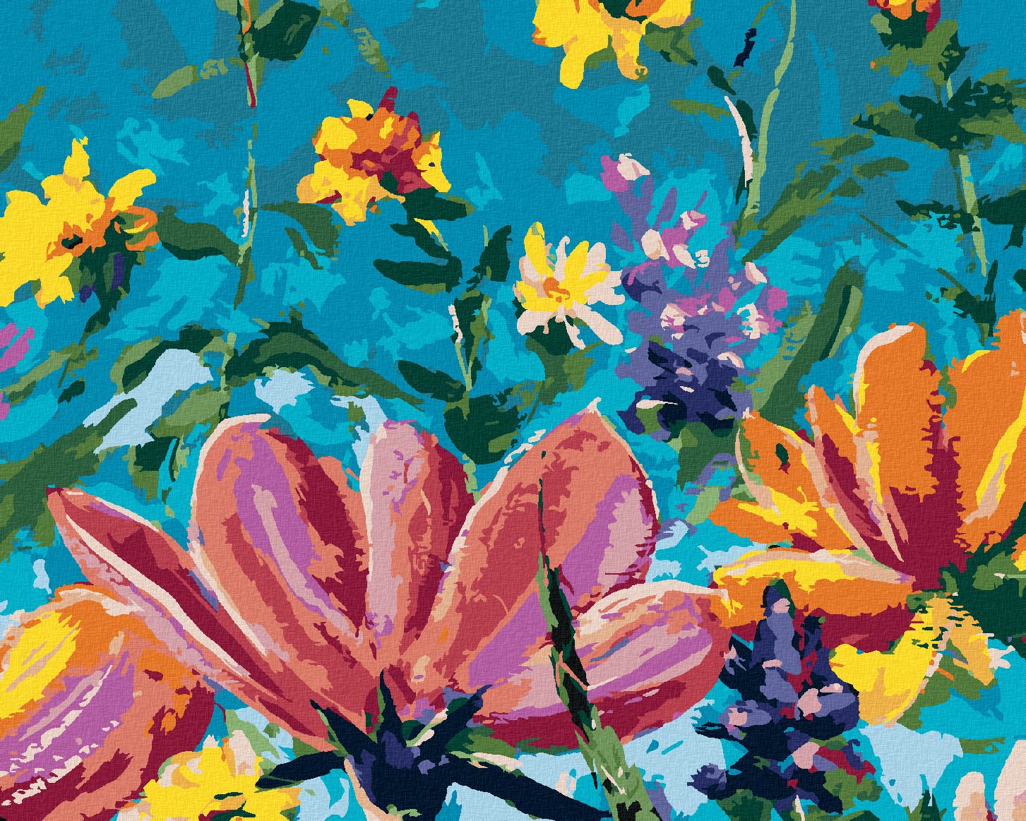 zuty Malování podle čísel - MIX KVĚTIN NA MODRÉM POZADÍ - Rozměr: 40x50 cm, Rámování: Varianta: bez rámu a bez vypnutí plátna - obrázek 1