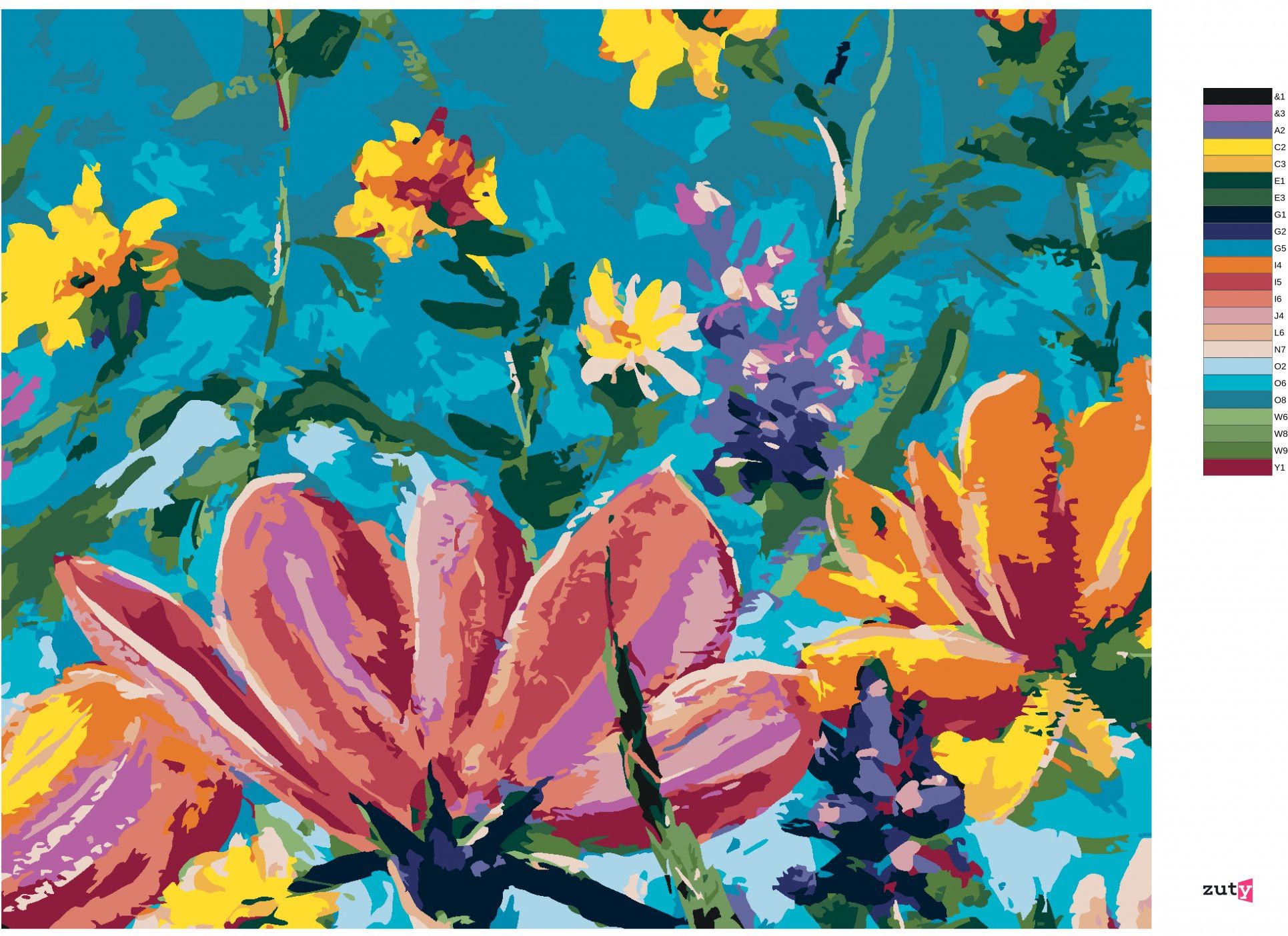 zuty Malování podle čísel - MIX KVĚTIN NA MODRÉM POZADÍ - Rozměr: 40x50 cm, Rámování: Varianta: bez rámu a bez vypnutí plátna - obrázek 4