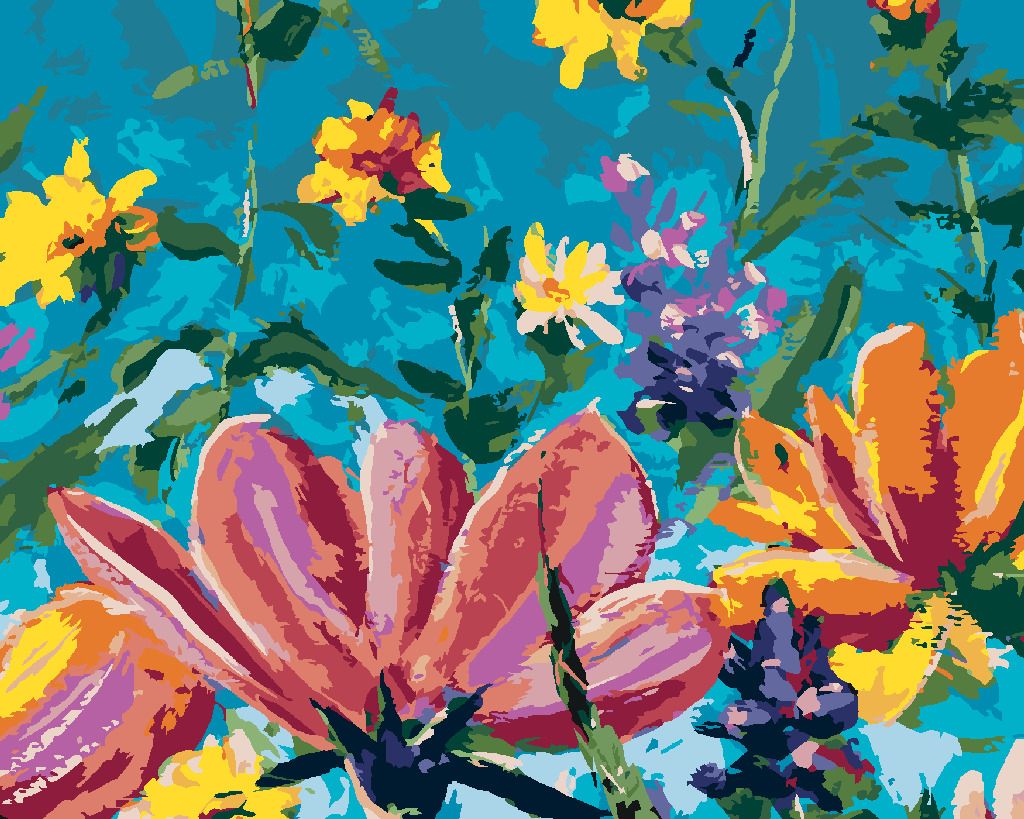 zuty Malování podle čísel - MIX KVĚTIN NA MODRÉM POZADÍ - Rozměr: 40x50 cm, Rámování: Varianta: bez rámu a bez vypnutí plátna - obrázek 6