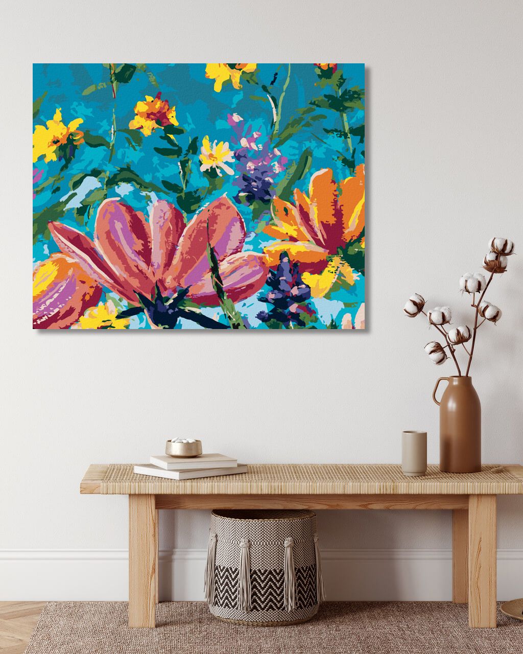 zuty Malování podle čísel - MIX KVĚTIN NA MODRÉM POZADÍ - Rozměr: 40x50 cm, Rámování: Varianta: bez rámu a bez vypnutí plátna - obrázek 9