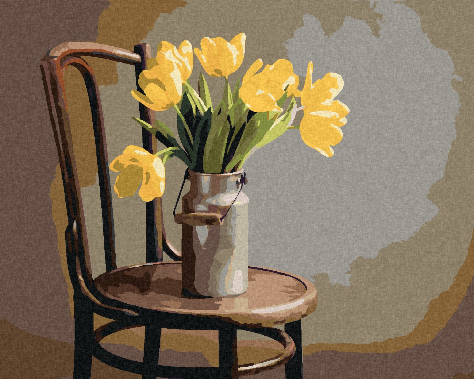 zuty Malování podle čísel - ŽLUTÉ TULIPÁNY V KONVICI NA MLÉKO NA ŽIDLI - Rozměr: 40x50 cm, Rámování: Varianta: bez rámu a bez vypnutí plátna - obrázek 1