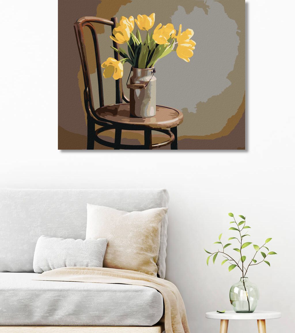 zuty Malování podle čísel - ŽLUTÉ TULIPÁNY V KONVICI NA MLÉKO NA ŽIDLI - Rozměr: 40x50 cm, Rámování: Varianta: bez rámu a bez vypnutí plátna - obrázek 5