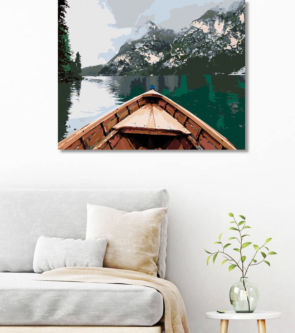 zuty Malování podle čísel - LOĎ NA JEZEŘE A HORY V MLZE - Rozměr: 40x50 cm, Rámování: Varianta: vypnuté plátno na rám - obrázek 9