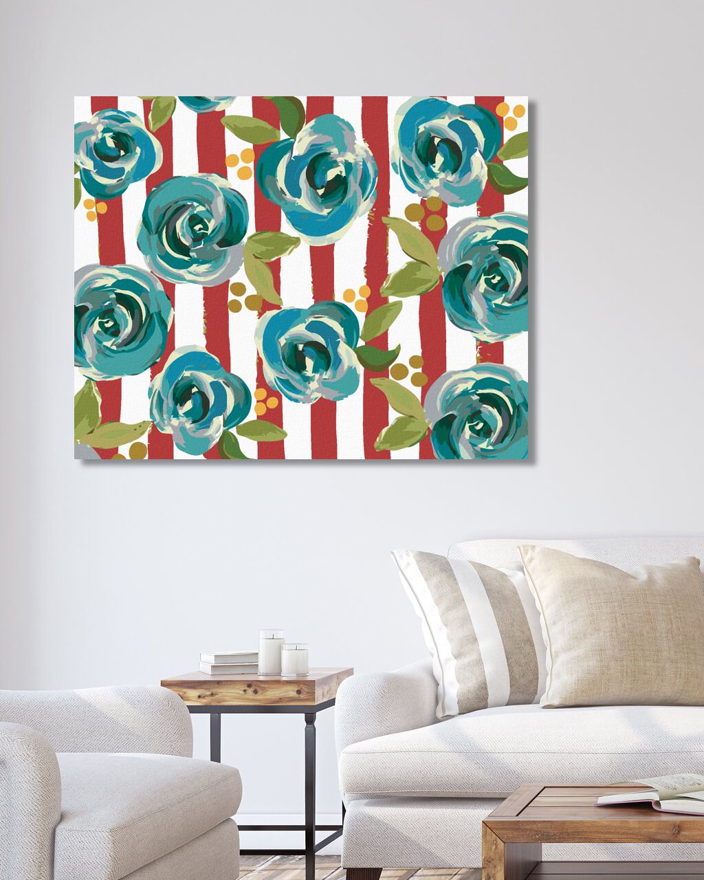 zuty Malování podle čísel - ZÁTIŠÍ MODRÉ KVĚTINY NA BÍLOČERVENÉM POZADÍ (HALEY BUSH) - Rozměr: 40x50 cm, Rámování: Varianta: bez rámu a bez vypnutí plátna - obrázek 4