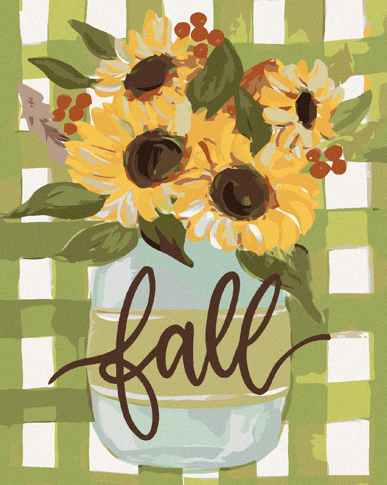 zuty Malování podle čísel - PODZIMNÍ SLUNEČNICE GINGHAM (HALEY BUSH) - Rozměr: 40x50 cm, Rámování: Varianta: vypnuté plátno na rám - obrázek 1