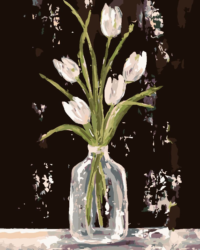zuty Malování podle čísel - BÍLÉ TULIPÁNY VE SKLENĚNÉ VÁZE (HALEY BUSH) - Rozměr: 40x50 cm, Rámování: Varianta: bez rámu a bez vypnutí plátna - obrázek 2