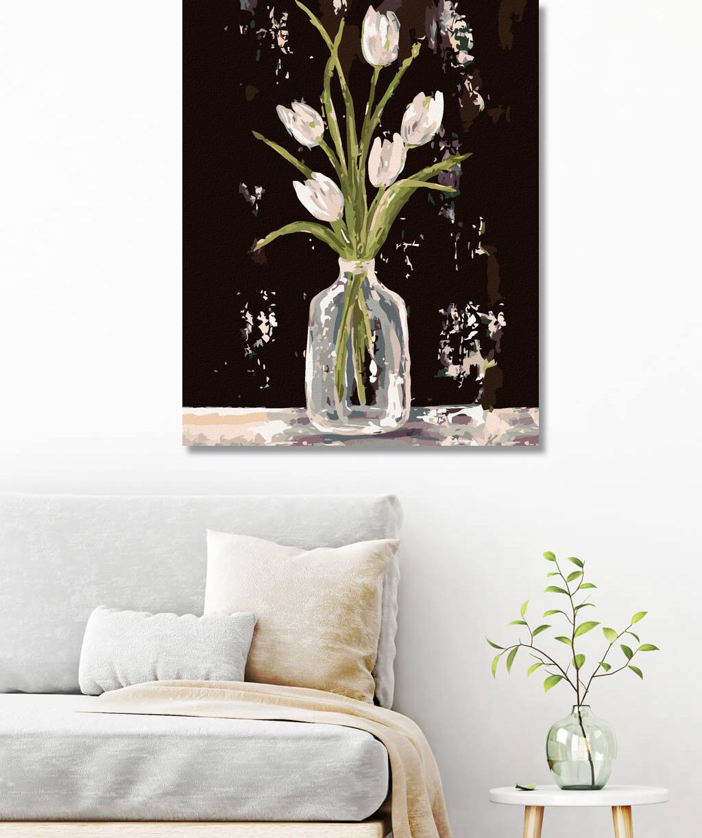 zuty Malování podle čísel - BÍLÉ TULIPÁNY VE SKLENĚNÉ VÁZE (HALEY BUSH) - Rozměr: 40x50 cm, Rámování: Varianta: bez rámu a bez vypnutí plátna - obrázek 6