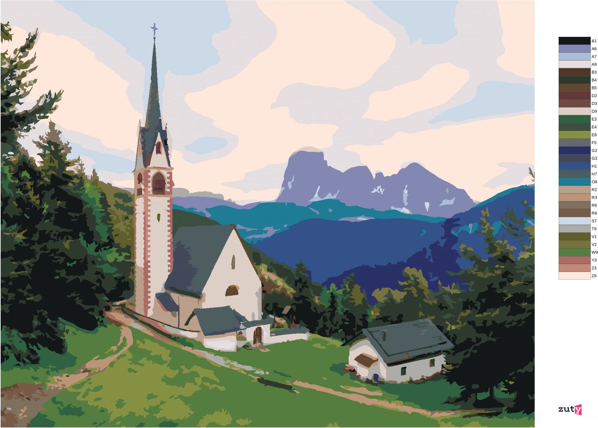 zuty Malování podle čísel - KOSTEL A HORA, ITÁLIE (TED DAVIS) - Rozměr: 40x50 cm, Rámování: Varianta: bez rámu a bez vypnutí plátna - obrázek 2