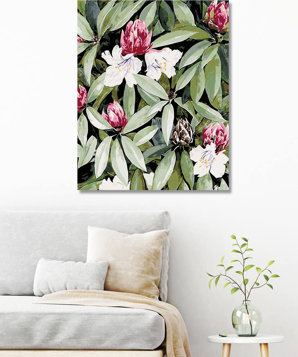 zuty Malování podle čísel - RODODENDRON S BÍLÝMI A RŮŽOVÝMI KVĚTY (ALEXANDRIA GILBERT) - Rozměr: 40x50 cm, Rámování: Varianta: vypnuté plátno na rám - obrázek 4