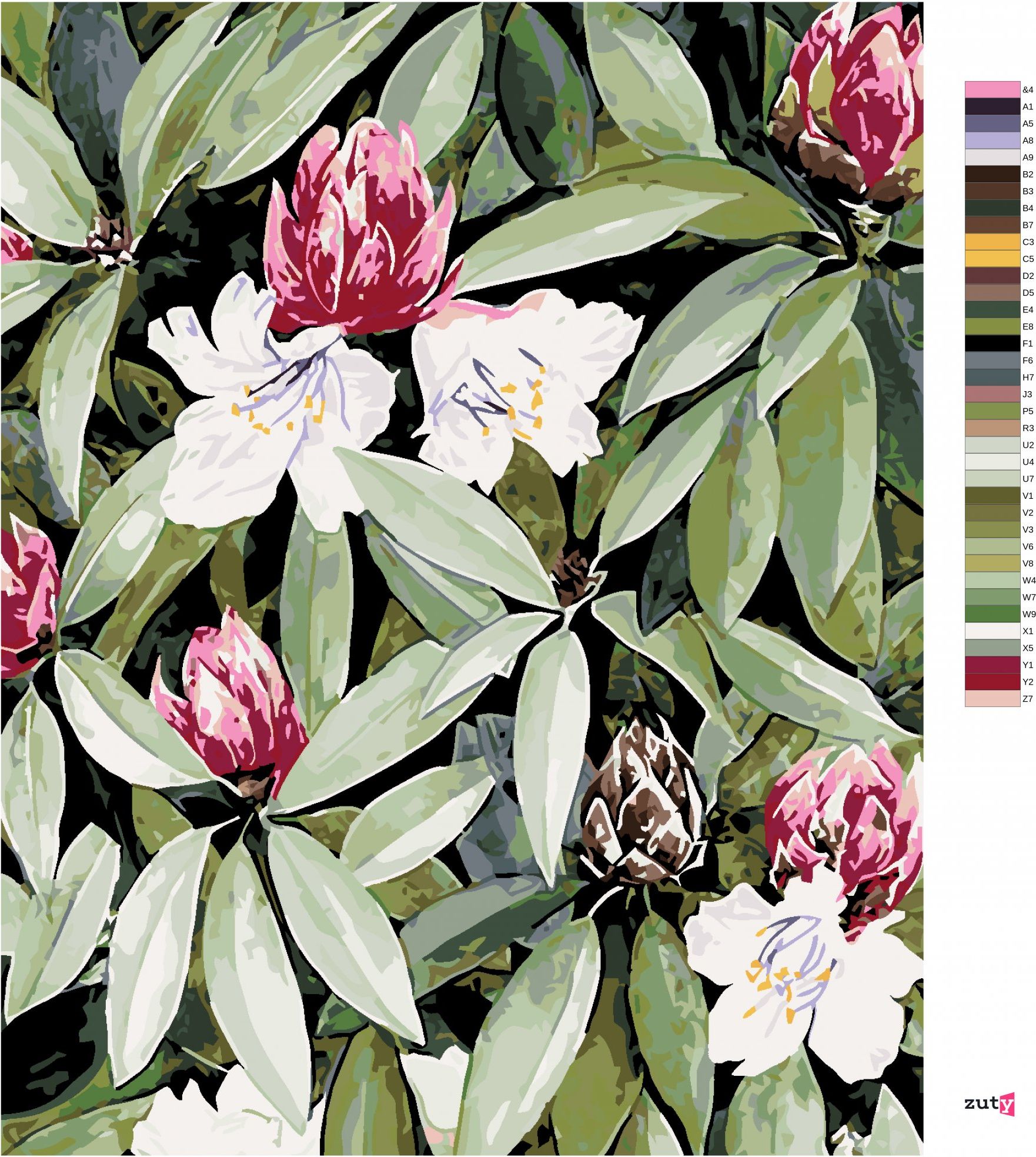 zuty Malování podle čísel - RODODENDRON S BÍLÝMI A RŮŽOVÝMI KVĚTY (ALEXANDRIA GILBERT) - Rozměr: 40x50 cm, Rámování: Varianta: vypnuté plátno na rám - obrázek 9