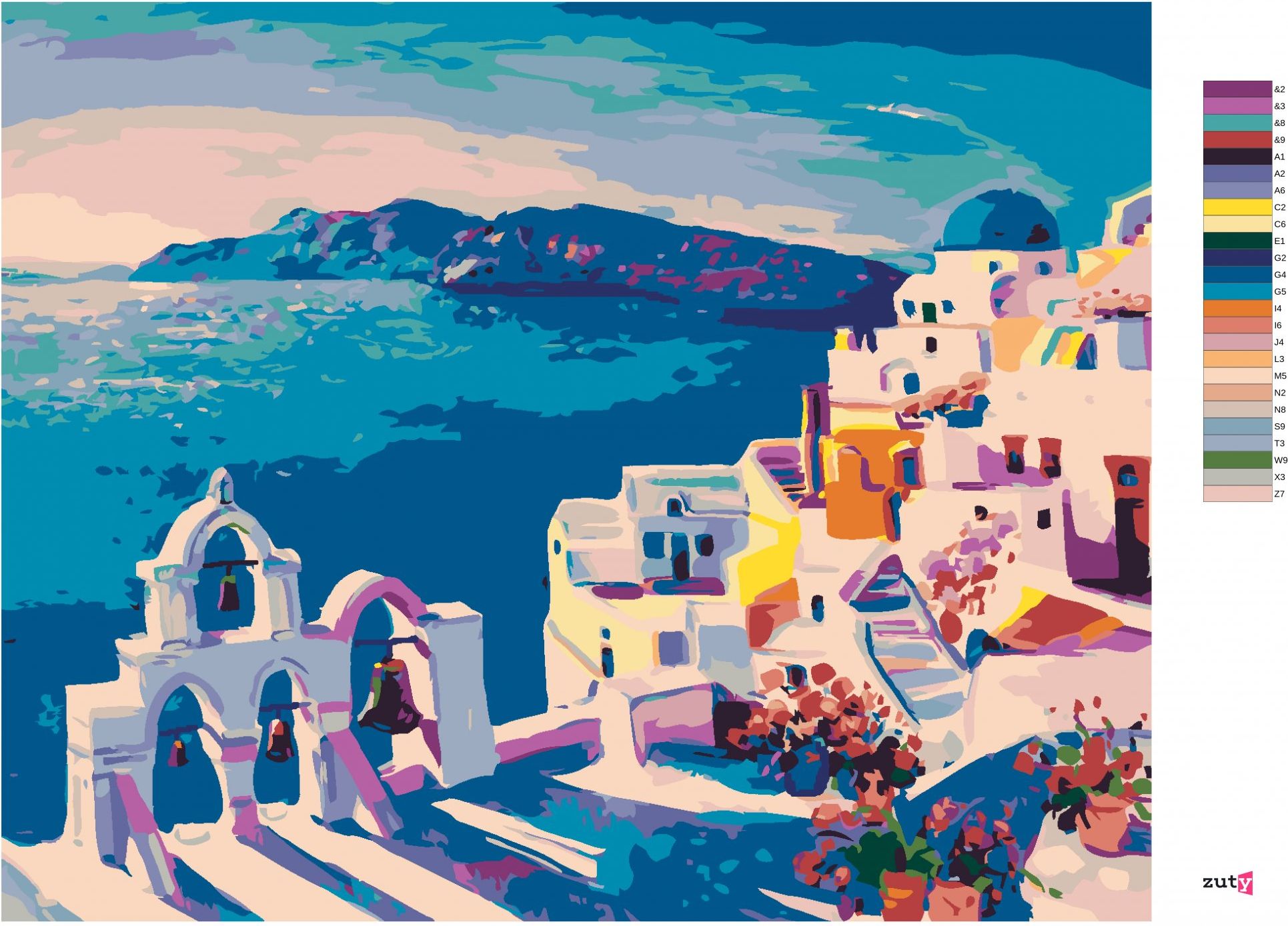 zuty Malování podle čísel - SANTORINI SE ZVONY - Rozměr: 40x50 cm, Rámování: Varianta: bez rámu a bez vypnutí plátna - obrázek 2