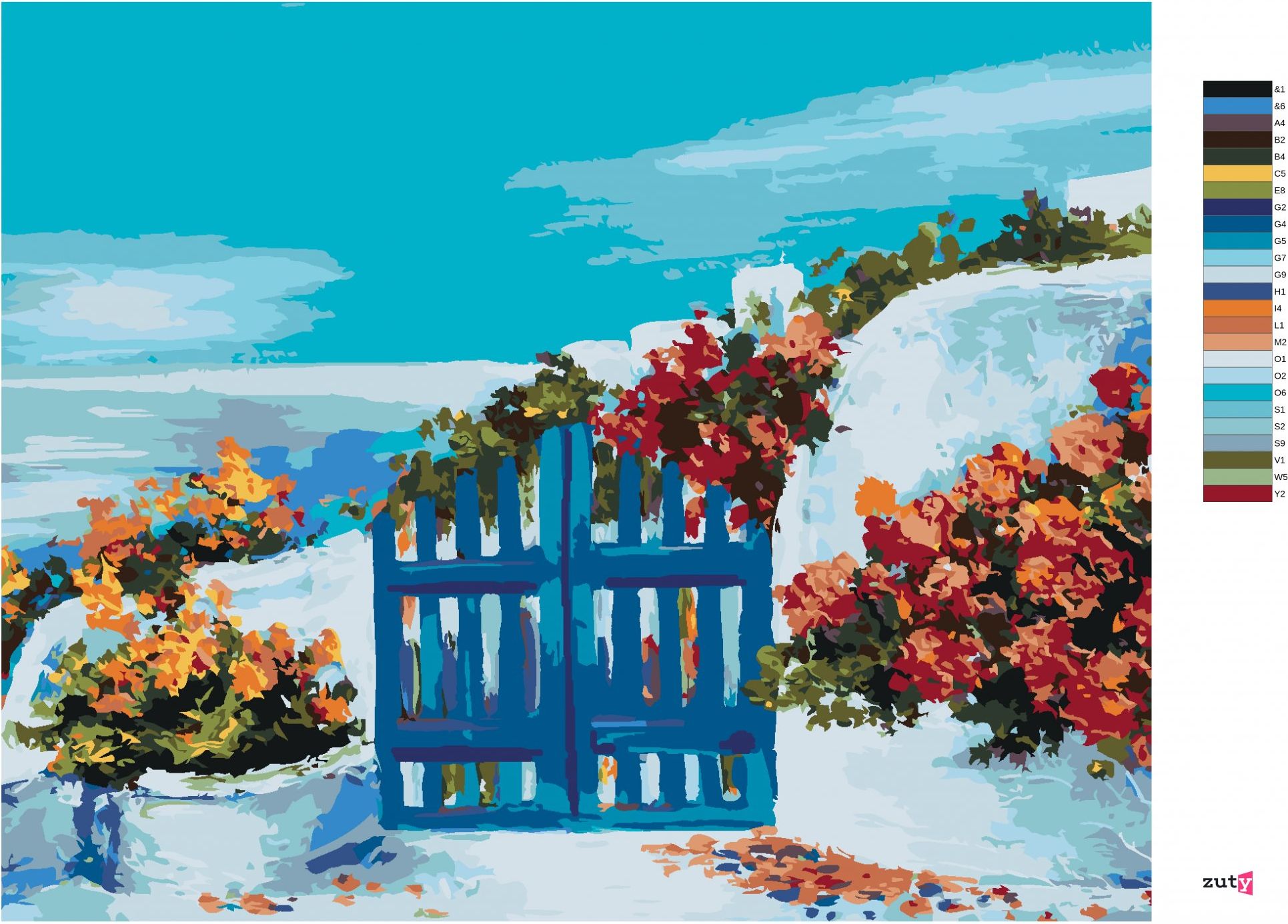 zuty Malování podle čísel - ZAHRÁDKA NA SANTORINI - Rozměr: 40x50 cm, Rámování: Varianta: bez rámu a bez vypnutí plátna - obrázek 6