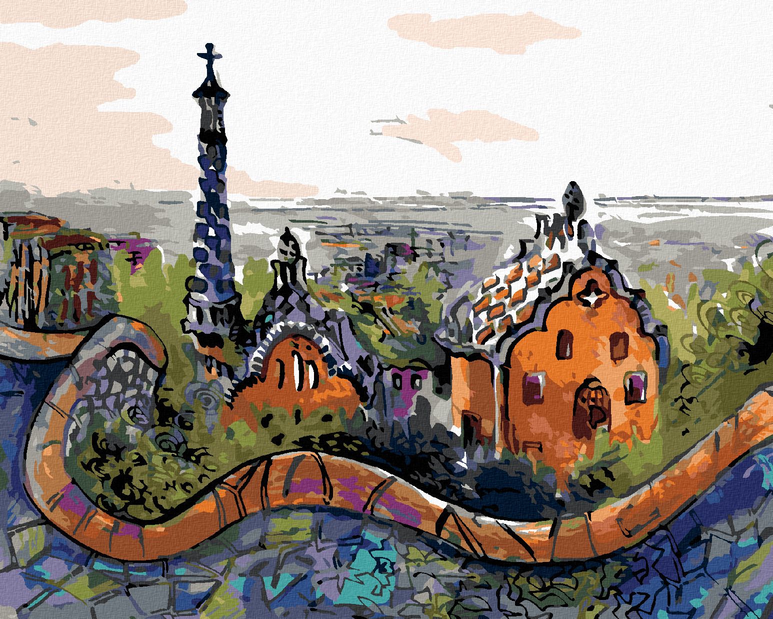zuty Malování podle čísel - PARK GÜELL V BARCELONĚ - Rozměr: 40x50 cm, Rámování: Varianta: bez rámu a bez vypnutí plátna - obrázek 1